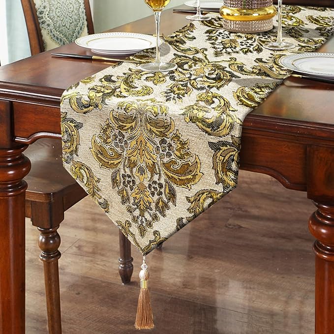 Dazzling Elegant Jacquard Table Runner with Handmade Tassels - Beige (13x84 inch)