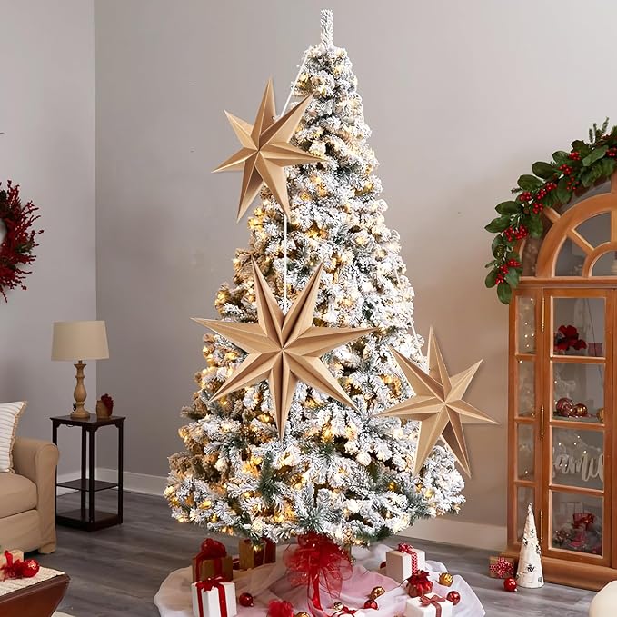 3PCS 12inch 7-Pointed Natural Paper Star Landerns Hanging Decoration Set Festive Holiday Decor Stars Shape Landerne for Christmas Home Deco