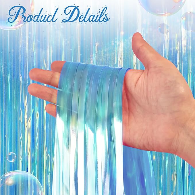 2 Pack Blue Iridescent Streamers Backdrop, 3.3x6.6ft Foil Fringe Curtains Holographic Door Tinsel Streamers for Birthday, Wedding, Holiday, Bachelorette, Christmas, Winter Theme Party Decorations