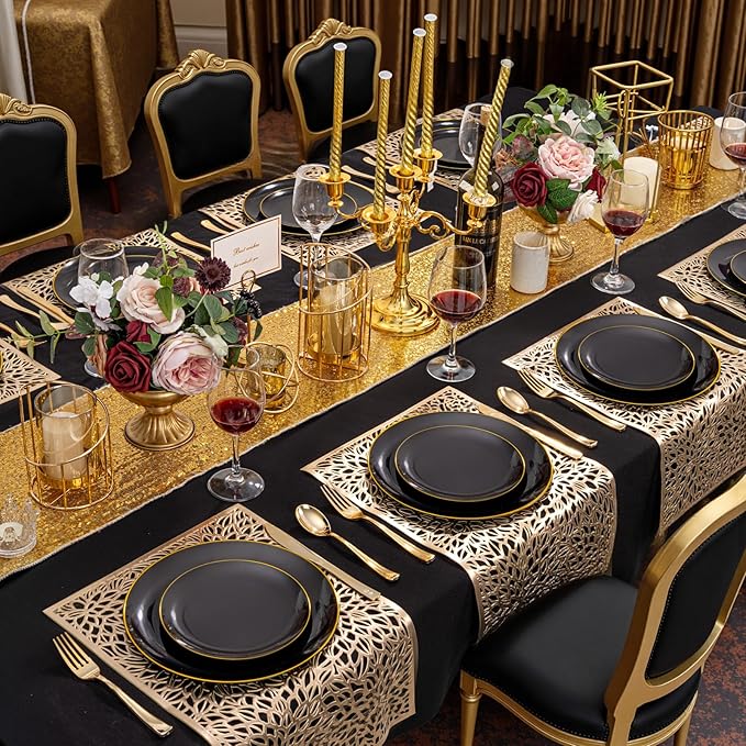 KIRE 200Pcs Black Plastic Plates - Black Plates Disposable for Party - Include 100 for Dinner and 100 for Dessert for Birthday/Wedding/Halloween