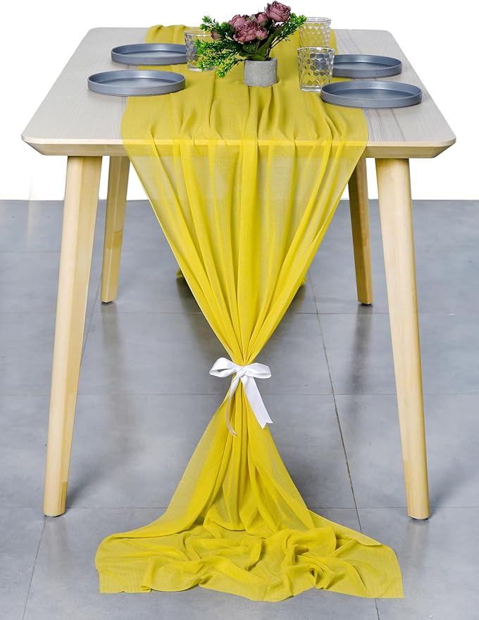 MDS 15 Pack 10ft Chiffon Table Runner 29 x 120 Inches Sheer Wedding Runner Romantic Rustic Table Runner for Wedding Decorations, Birthday Parties, Bridal Shower Party Arch Decor - Yellow