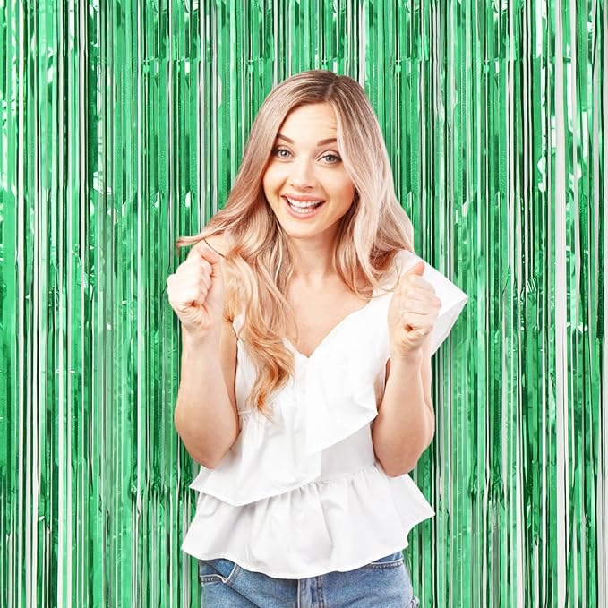 3 Pack 3.3 x 8.2 ft Laser Green Foil Fringe Backdrop Curtains, Tinsel Streamers Birthday Party Decorations, Fringe Backdrop for Graduation, Baby Shower, Gender Reveal, Disco Party