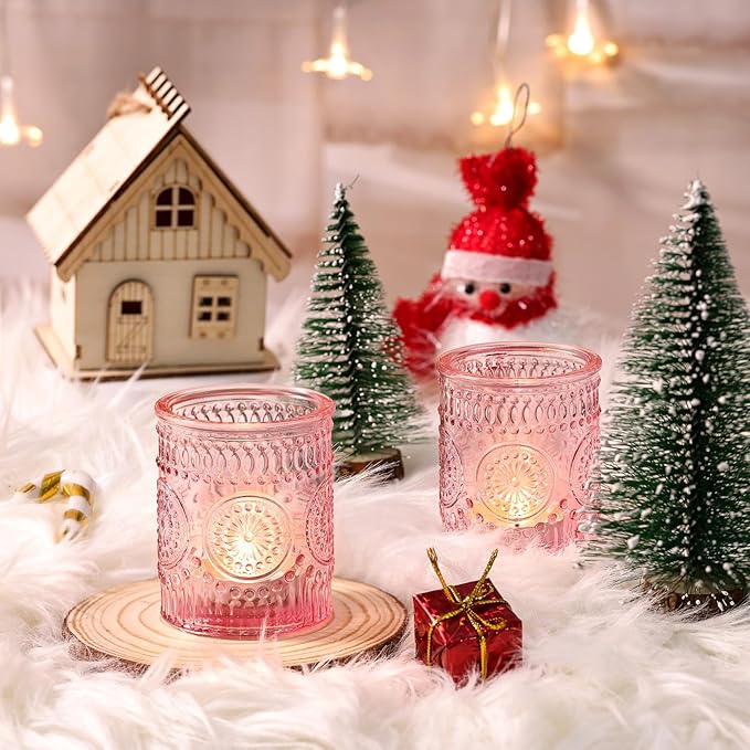 DARJEN Pink Votive Candle Holders Set of 36- Glass Candle Holders Bulk for Tea Light Candle, Embossed Candle Votives for Romantic Wedding Centerpiece, Home Table Decor