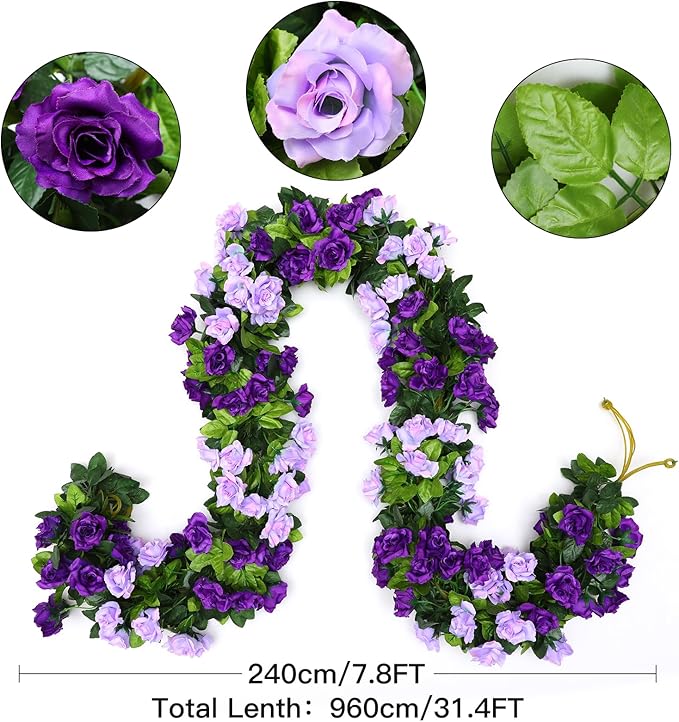 Floweroyal 4 Pack Artificial Flower Garlands 7.9FT Fake Rose Vines Silk Flowers Hanging Rose Ivy for Wedding Arch Party Home Garden Wall Decor (Purple)