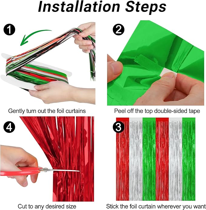 8 Pack Christmas Photo Backdrop, 3.28 FT x 7.05 FT Red Silver Green Party Streamer, Metallic Foil Fringe Curtains Tinsel Backdrop, Christmas Photo Booth Props Door Decor Party Supplies