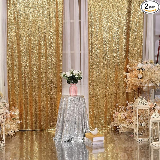 Poise3EHome 2Pcs 3Ft x 8Ft Gold Sequin Backdrop Curtain, Glitter Photography Background, Sequence Xmas Thanksgiving Backdrop for Wedding Party Holiday Festival Decor