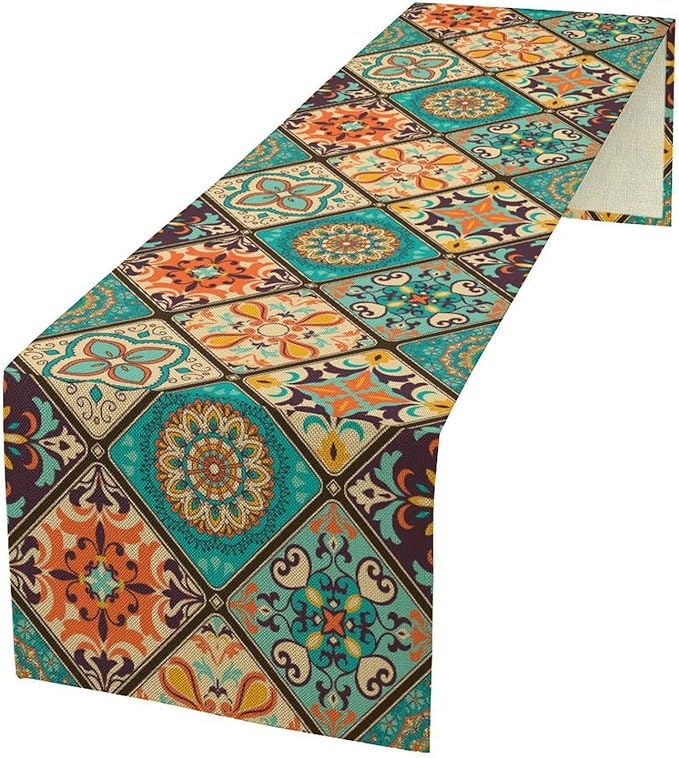 Bohemian Patchwork Table Runnerboho Colorful Tile Patchwork Indian Floral Print Table Runner for Home Kitchen Indoor Outdoor Party Wedding Decor, 13x70inch