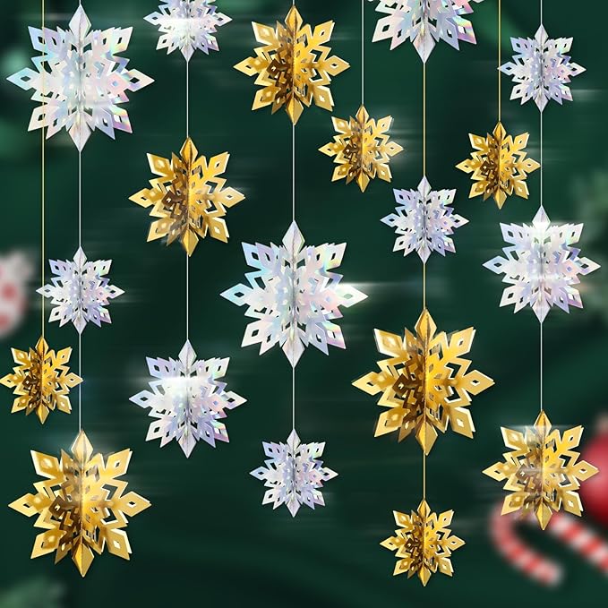 Benbilry 3D Hanging Snowflake Decorations for Christmas Tree, 36pcs 3 Size Winter Wonderland Decorations for Frozen Birthday Party, Christmas Home Decor - 18pcs Iridescent and 18pcs Gold Color