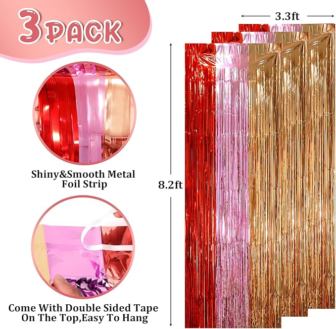 3 Pack 3.3 x 8.2 ft Valentine Foil Fringe Backdrop Curtains, Tinsel Streamers Party Decorations, Fringe Backdrop, Door Shimmer for Valentine or Birthday Party