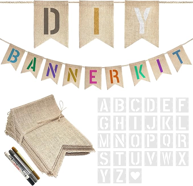 15 PCS Burlap Banner DIY Kit With 27 PCS Letter Stencil Banner Burlap Painting For Party Decorations Swallowtail Flags For Birthday