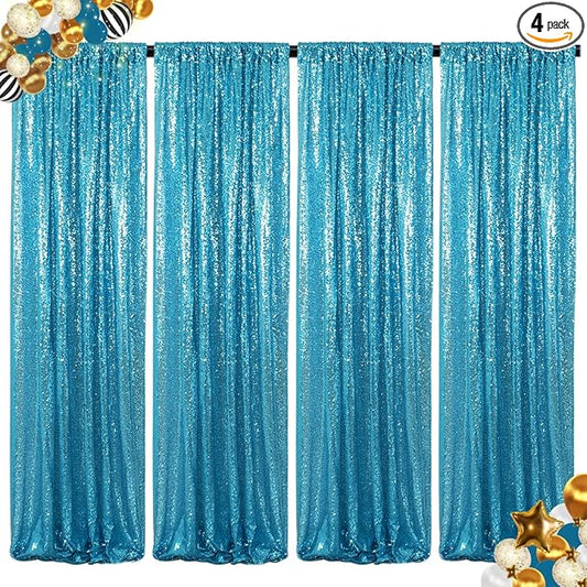 ShinyBeauty Sequin Backdrop Curtains 4 Panels Aqua 2FTx8FT Sequin Fabric Photo Backdrop Curtains Turquoise Glitter Curtains for Party