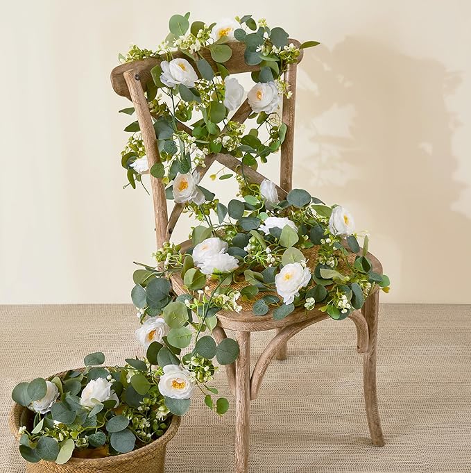 2 Pack 12Ft Artificial Eucalyptus Flower Garland with White Roses, Fake Flowers Greenery Garland Flower Vines for Wedding Party Mantle Table Runner Spring Summer Home Decor (2PCS,White