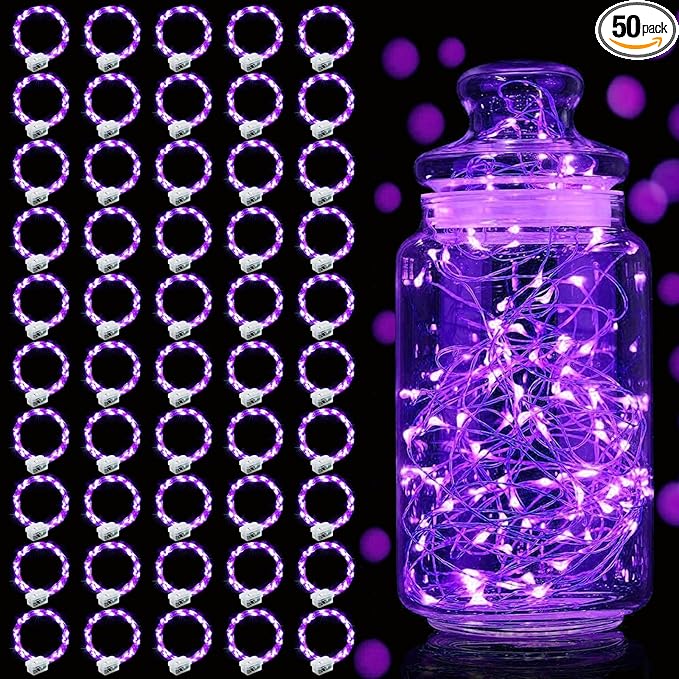 Aogist 50 Pack Fairy Lights 3 Modes 7ft 20 LED Waterproof,Battery Operated Silver Wire Firefly Starry Moon Mini String Lights for Mason Jars Christmas DIY Crafts Wedding Party Bedroom,Purple