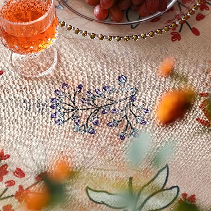 patdrea Designer Linen French Long Rectangular Table Cloth,Vintage Red Floral Fall Tablecloths,Breathable Table Cover for Kitchen Dining,Tea Party,Christmas,Thanksgiving,Holiday,63"x94"-Newmari