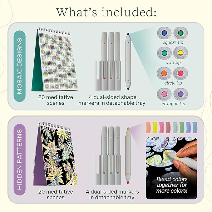 Lifelines FlowArt Activity Pad, 2-Pack - Guided Art Meditations with Markers - Mediterranean Mosaic Designs & Animal Hidden Patterns - Coloring Books for Teens, Adults & Seniors