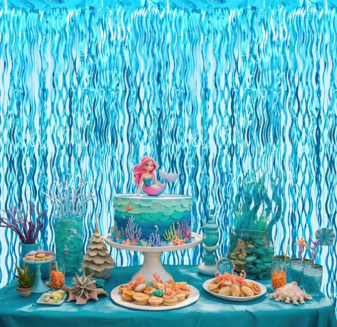 GOER 3.2 ft x 6.5 ft Metallic Tinsel Foil Fringe Curtains Party Photo Backdrop Party Streamers for Birthday,Graduation,New Year Eve Decorations Wedding Decor (5 Pcs,Wavy Light Blue)