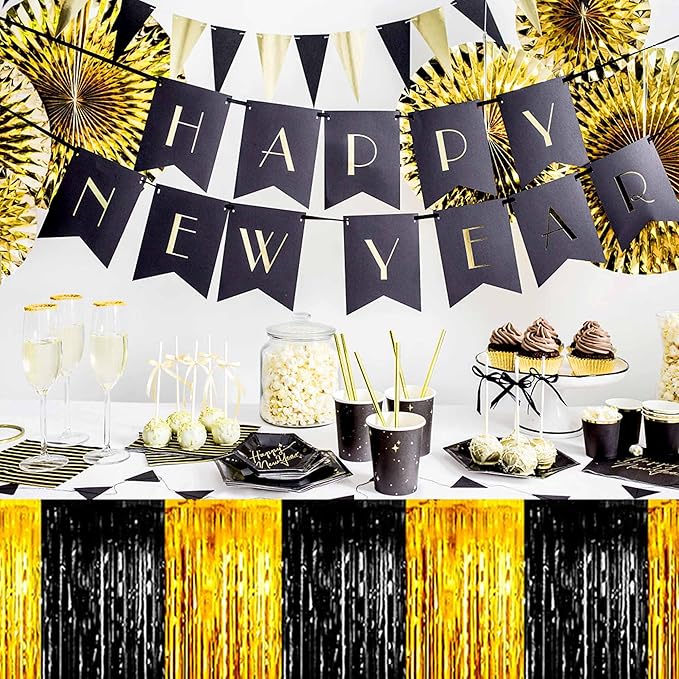 3 Pack 29 x108 Inch Black and Gold Foil Fringe Table Skirts Metallic Banner for Tinsel Streamer Garland Backdrop for Parade Floats Mother's Day, Graduate, Birthday, Wedding Party Decoration