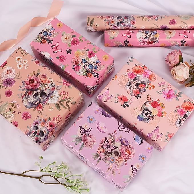 Aimyoo Gothic Wrapping Paper Rolls, 17 Inch X 16.5 Feet - 4 Rolls - Skull Floral Butterfly Design Gift Wrap Paper for Mother's Day, Birthday Bridal Shower