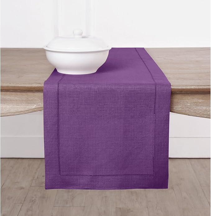 Solino Home Linen Purple Table Runner 156 Inches Long - 100% Pure Linen Extra Long Table Runner 14 x 156 Inch for Fall, Autumn, Halloween, Thanksgiving - Classic Hemstitch