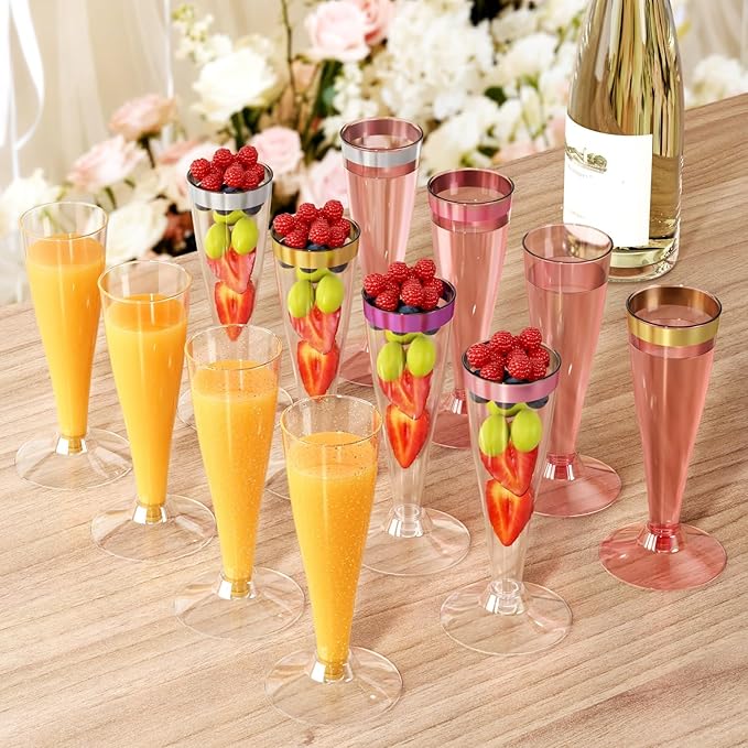 200 Pack Champagne Flutes Plastic Wine Glasses Disposable, 4.5 Oz Gold Rim Mimosa Glasses for 2025 Engagement Wedding Birthday New Years Eve Xmas Party Supplies, Bulk Toasting Cocktail Cups