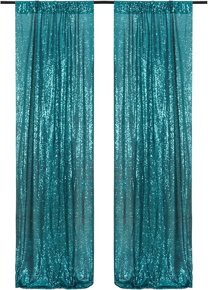 Poise3EHome 2Pcs 2Ft x 8Ft Teal Sequin Backdrop Curtains, Glitter Photography Background, Sequence Xmas Thanksgiving Backdrop for Wedding Party Holiday Festival Decor