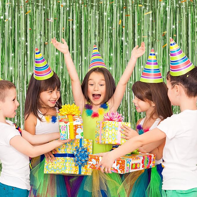 2 Pack Light Green Metallic Tinsel Foil Fringe Curtains, Door Streamers Photo Booth Backdrop for Birthday Party, Tinsel Curtain Backdrop for Baby Shower Bachelorette Christmas Party Decorations