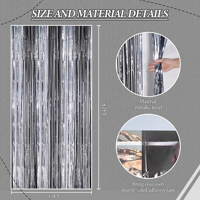 3 Pack Foil Fringe Backdrop - Black&Silver Shiny Tinsel Curtains for Party Decoration/Photo Booth Props - 3.3x8.2 FT Metallic Foil Backdrop for Birthday, Wedding, Graduation, Christmas.