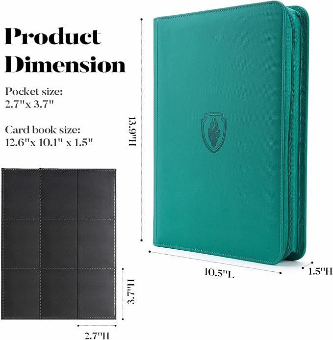 9 Pocket Trading Card Binder -Zipper PU Cover Card Album, Sturdy 360 Loading Holder for MTG, TCG & Sports Cards - Turquoise