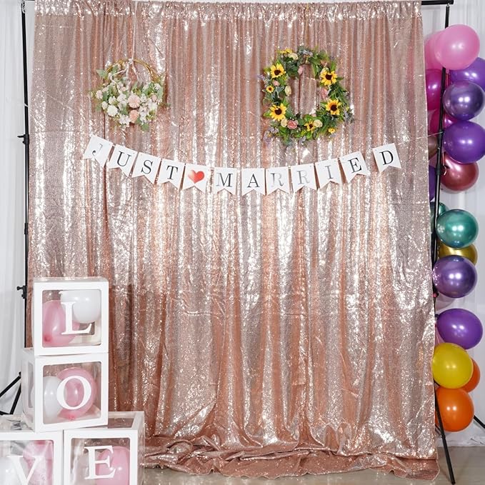 Poise3EHome 8Ft x 8Ft Rose Gold Sequin Backdrop, Glitter Thick Satin Background Drapes, Sparkly Opaque Photography Curtain, Sequence Xmas Thanksgiving Backdrop for Wedding Party Festival Decor