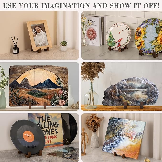 Plate Display Stand, 3 Pack 4 Inch Plate Holder for Displaying, Decorative Picture Frame Dish Photo Plaque Platter Wood Stand