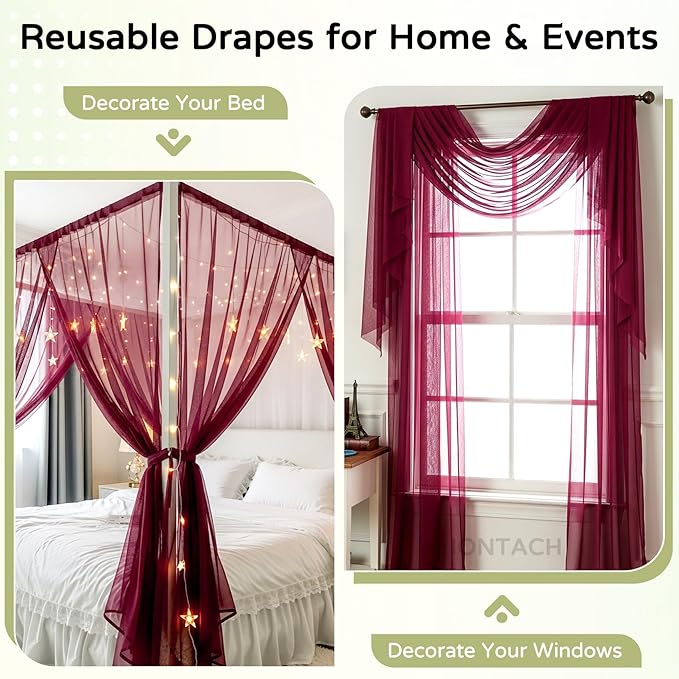 Wedding Arch Draping Fabric 29" x 19Ft Sheer Drapes for Backdrop Wedding Ceremony Reception Ceiling Decor Curtain Baby Bridal Shower Decoration (Burgundy, 3 Panels)