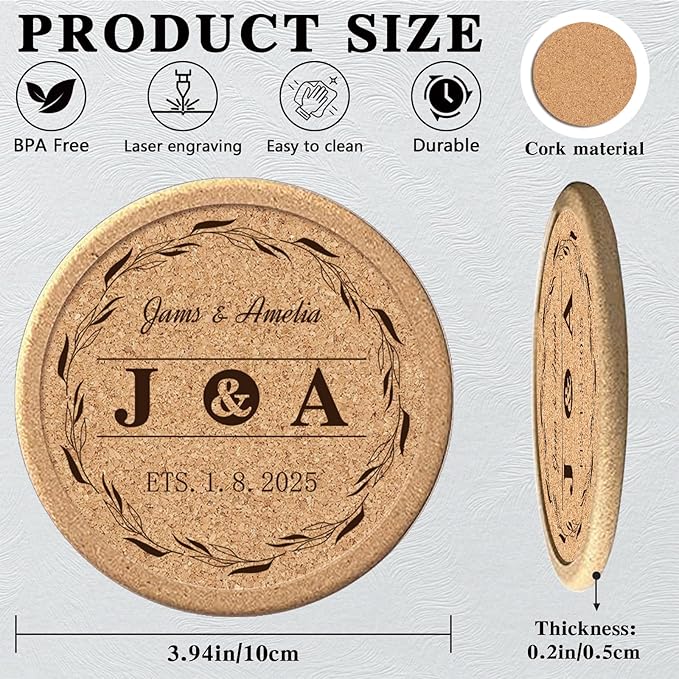 Custom Coasters Personalized Cork Coasters Bulk with Logo Wedding Personalized Cork Natural Wood Engraved Drink for Wedding Favors (Cork Coasters - Circle)