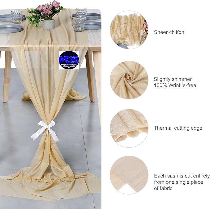 MDS 2 Pack 14ft Chiffon Table Runner 29 x 170 Inches Sheer Wedding Runner Romantic Rustic Table Runner for Wedding Decorations, Birthday Parties, Bridal Shower Party Arch Decor - Champagne Gold
