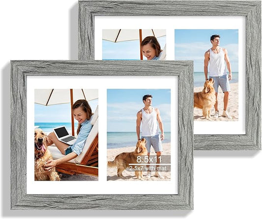 8.5x11 Picture Frame Set of 2, Gray Certificate Document Frames with Glass Collage Frame, Display Pictures Two 5x7 With Mat or 8.5 x 11 Without Mat - Horizontal or Vertical Wall Mounting