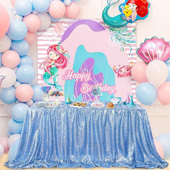QueenDream Baby Blue Party Tablecloth Decoration: Rectangle Shimmer Mermaid Tablecloth 90x90 Inch Sequin Cloth Frozen Birthday Decorations