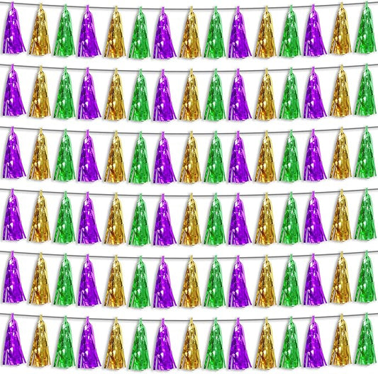 6P Purple Green Gold Foil Fringe Metallic Tassel Streamers Banner Tassel Garland for Parade Floats, Bachelorette, Wedding, Birthday, Graduation, Christmas, Bridal/Baby Shower Party Decorations