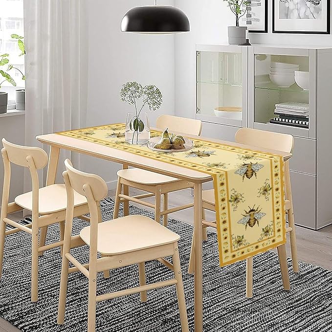Honey Bee Table Runner, Farmhouse Yellow Sunflower Retro Summer Linen Tables Runners for Kitchen Dining Table Home Party Decor, 13x60inch