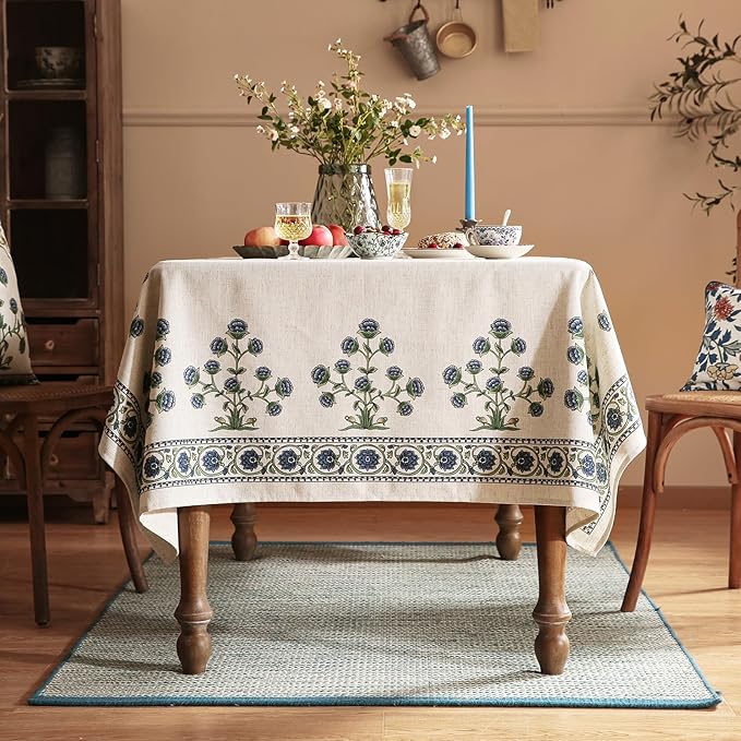 patdrea Designer Linen Vintage Long Blue Rectangle Tablecloth,Leaves Pattern Anti-Wrinkle Floral Table Cloth,Table Cover Cloth Decor for Kitchen Dining,Christmas,Thanksgiving,Party,63"x94"-Ivar B