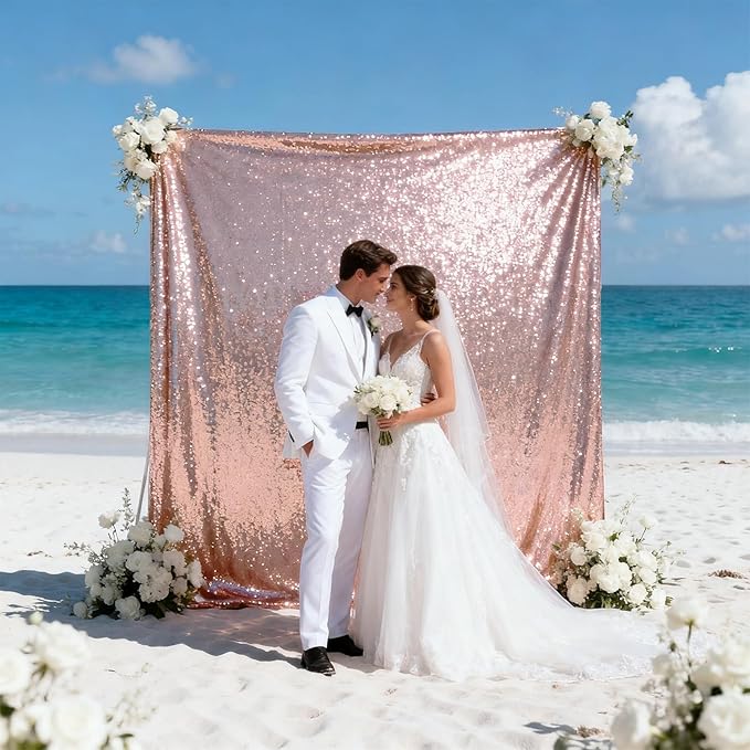 VOK Rose Gold Sequin Backdrop Curtains 2 Panels 2FTx8FT Glitter Photography Background for Wedding Birthday Christmas Party Decorations