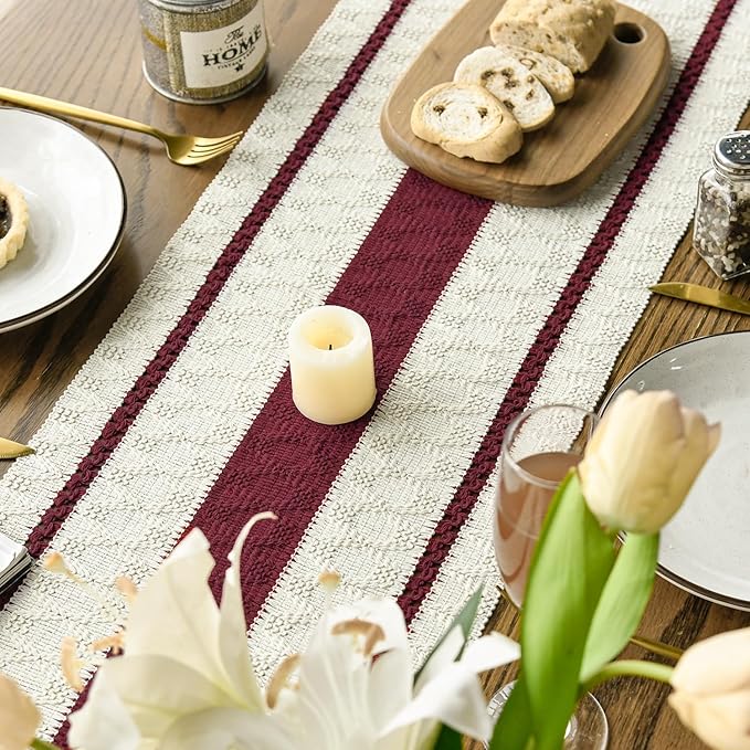 Artoid Mode Red Farmhouse Woven Rustic Table Runner, Seasonal Holiday Hollow Kitchen Dining Table Decoration for Home Party Decor 12x90 Inch