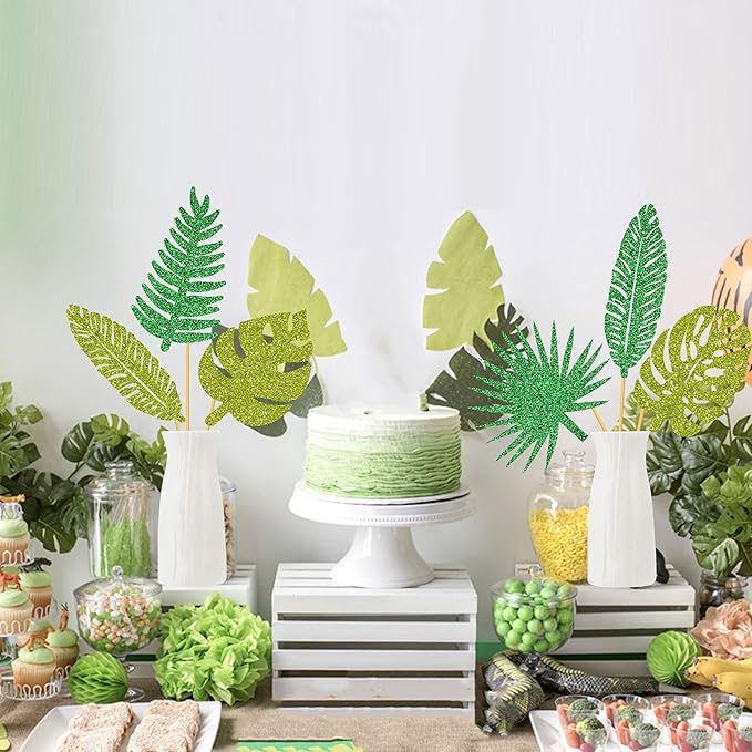 20pcs Glitter Tropical Leaves Centerpiece Decorations for Table Green Palm Leaf Theme Centerpiece Sticks Hawaiian Luau Birthday Decorations for Summer Jungle Theme Birthday Party Baby Shower Supplies