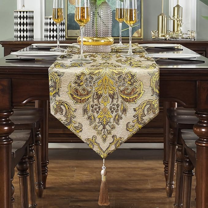 Large Dinner Room Table Runner Jacquard Chenille Luxury Floral Tablecloths Beige (13*120 inch)