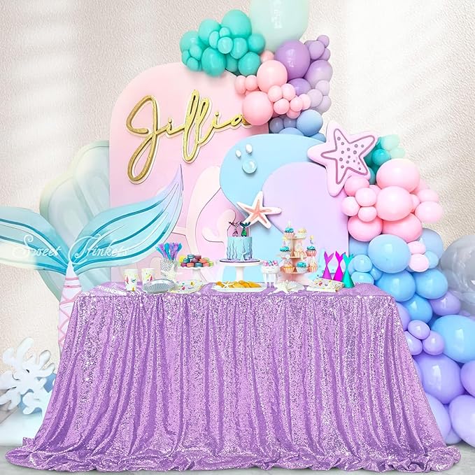 QueenDream Sequin Tablecloth 90"x132" Lavender Party Tablecloth Rectangular Seamless Sequin Table Cloth Overlay Glitter Wedding Birthday Bridal Shower Decoration