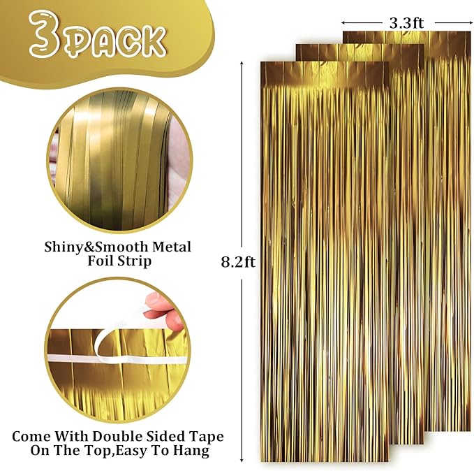 3 Pack 3.3 x 8.2 ft Matte Gold Foil Fringe Backdrop Curtains, Tinsel Streamers Party Decorations, Fringe Backdrop, Door Shimmer for Graduation, New Years Eve, Birthday Party