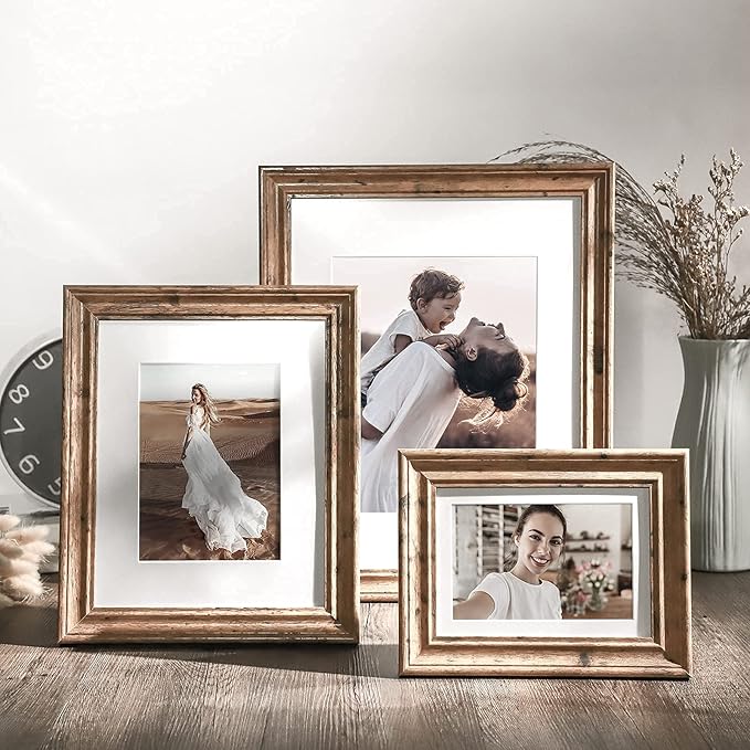TWING 8x10 Picture Frame Set of 6, Vintage Walnut Photo Frames Display Pictures 5x7 with Mat or 8X10 Without Mat, Tabletop Display and Wall Mounting Home Decorative Photo Frames Pre-Installed, Walnut