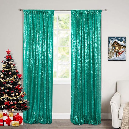 ShinyBeauty Sequin Curtain 2 Panel Set Christmas Green Glitter Background 2FTx8FT Green Sequin Backdrop Curtains Pack of 2 (Grass)