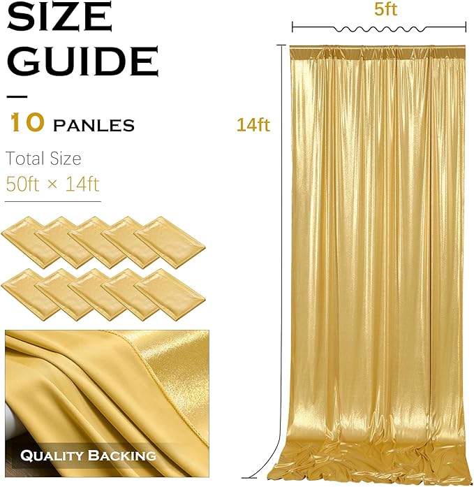 PartyVillage 50x14FT Gold Sequin Backdrop Curtain -10 Panels 5x14FT Wrinkle Free Shimmer Back Drop Cloth, Glitter Backdrop Drapes for Photography, Birthday, Wedding, Graduation Background