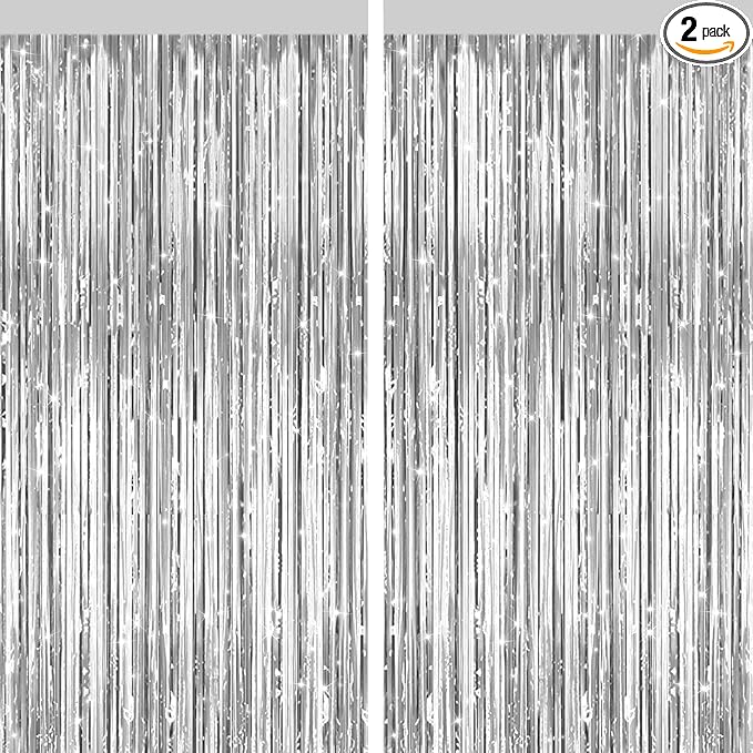 2 Pack Silver Metallic Tinsel Foil Fringe Curtains, Door Streamers Photo Booth Backdrop for Birthday Party, Tinsel Curtain Backdrop for Baby Shower Bachelorette Christmas Party Decorations