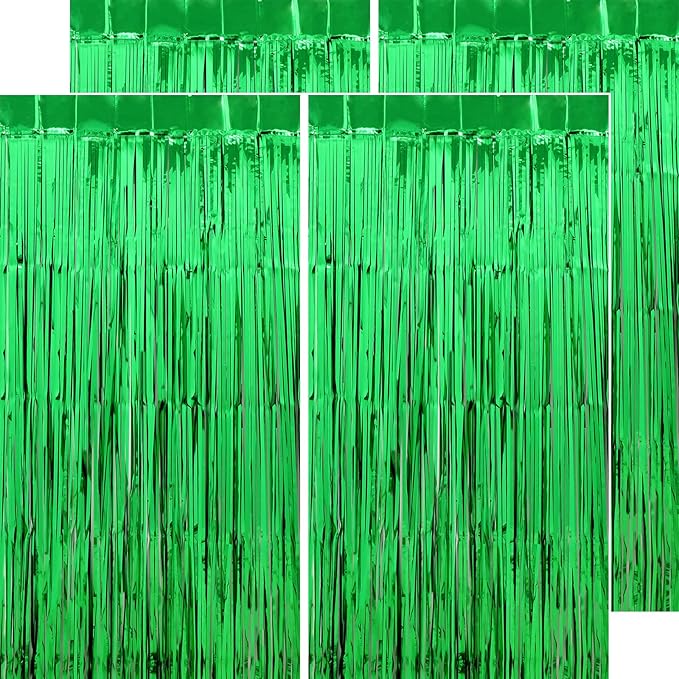 Green Streamers Party Decorations - Thicken 4 Pack 3.2 x 8.2 FT - Tinsel Foil Fringe Curtains Party Backdrop for Birthday, Dinosaur, Jungle, Football, Golf Party Decorations