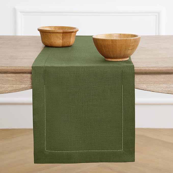 Solino Home Linen Olive Table Runner 108 Inches Long - 100% Pure Linen 14 x 108 Inch Table Runner for Fall, Autumn, Thanksgiving - Classic Hemstitch
